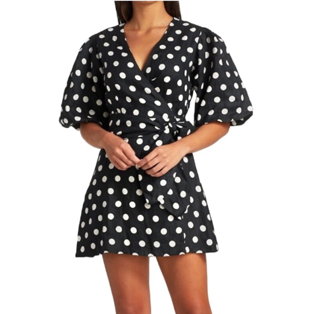 Faithful the Brand Godiva Wrap Linen Dress Black & White Polka Dot US 8